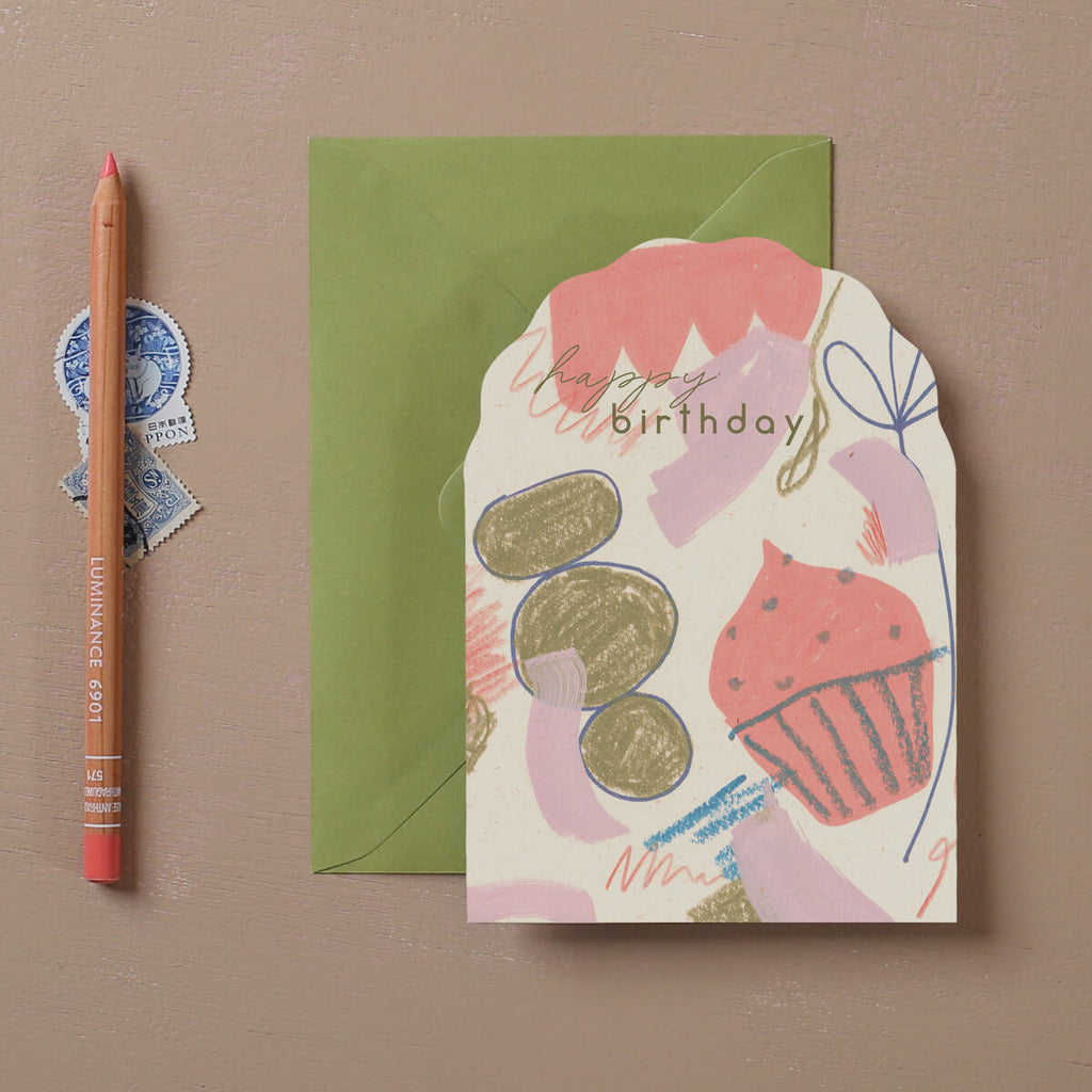 scalloped die-cut Birthday greeting card with an abstract drawn cupcake and shapes
