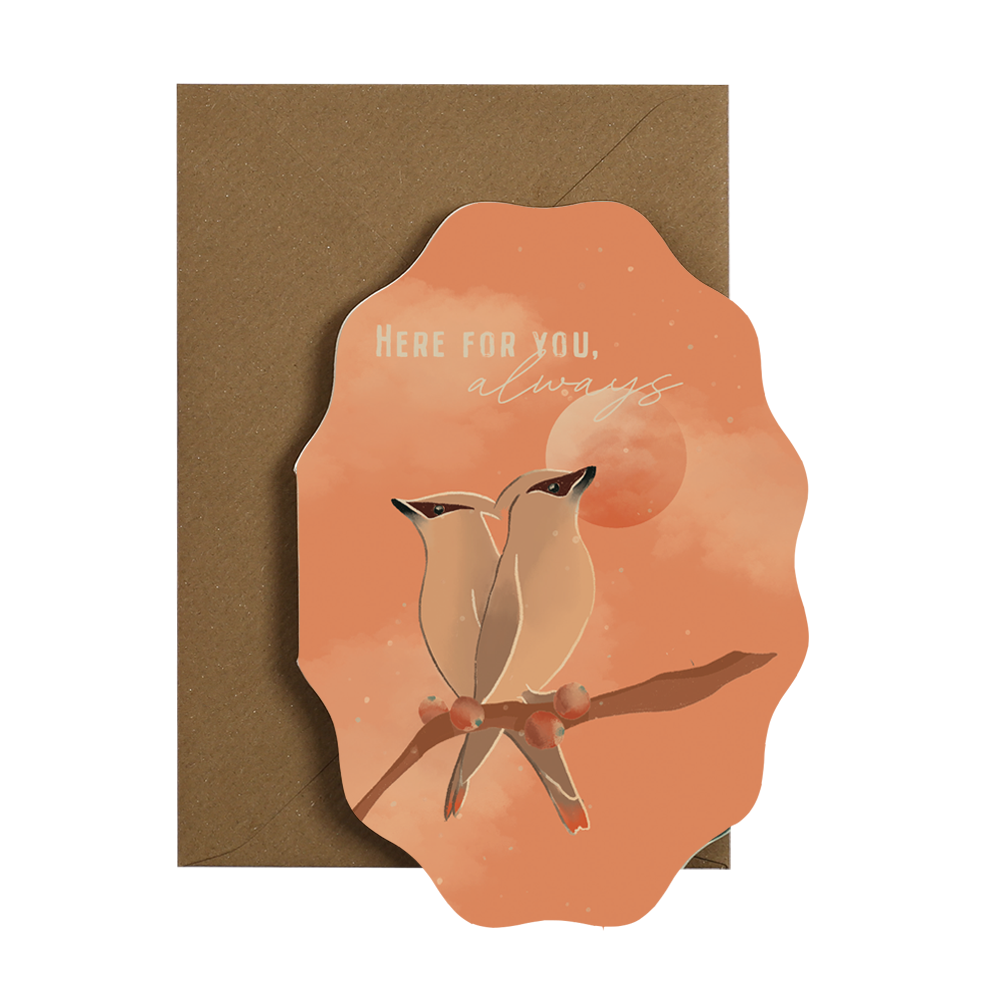 Greeting card by I am Roxanne of two wax wing birds on a branch