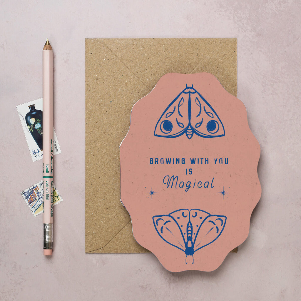 Growing with you is Magical card featuring two folk art inspired moths on a wavy pink card. By I Am Roxanne