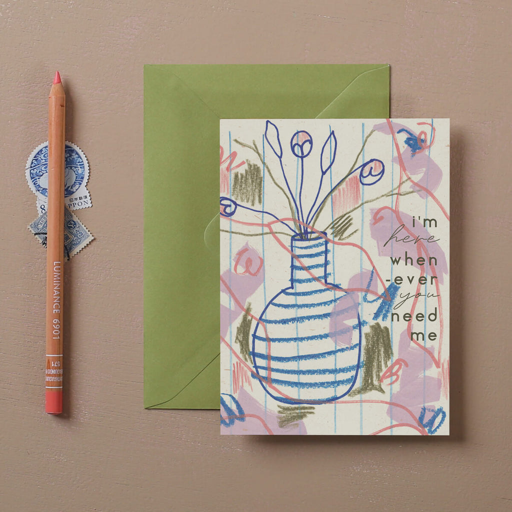 Illustrated vase with stripey print and painterly botanicals card by I am Roxanne with green olive envelope